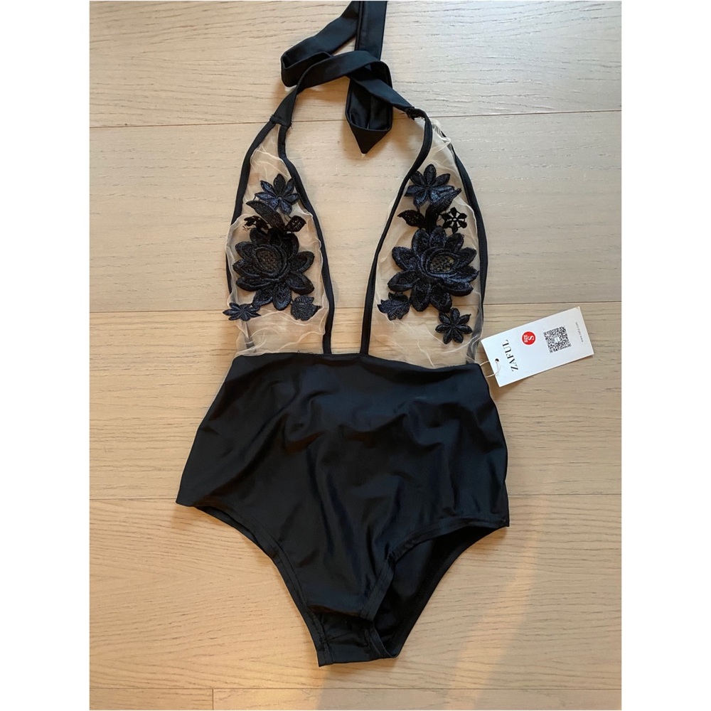 Floral Lace Halter One Piece Bathing Suit